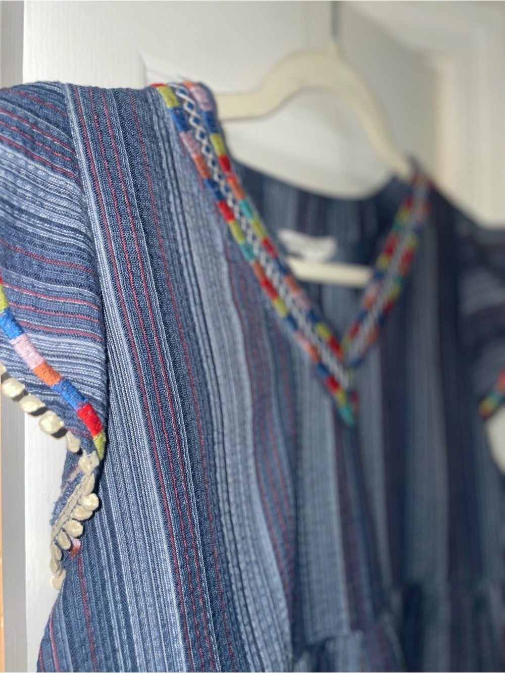 THML Blue Striped Embroidered Pom Pom Babydoll Blouse Size XS - Picture 4 of 4